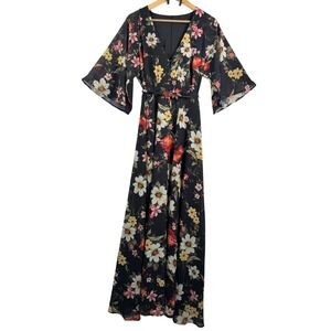 Yumi Kim XS Maxi Dress Floral Black Red Yellow Flutter Sleeve Boho‎ whimsigoth